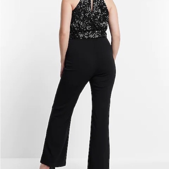 Express Black Sequin Halter Neck Tie Waist Jumpsuit Size L - Picture 2 of 16
